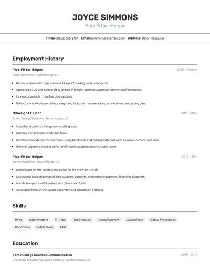 Pipe Fitter Helper Resume