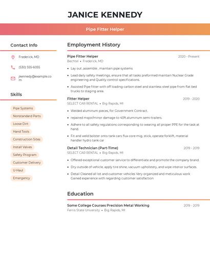 Pipe Fitter Helper Resume