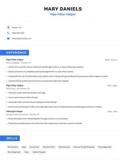 Pipe Fitter Helper Resume