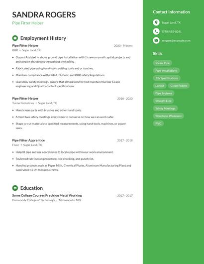Pipe Fitter Helper Resume