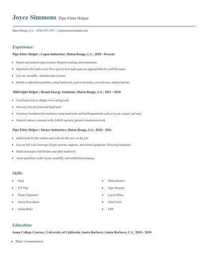 Pipe Fitter Helper Resume