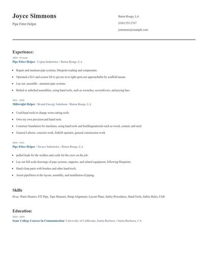 Pipe Fitter Helper Resume