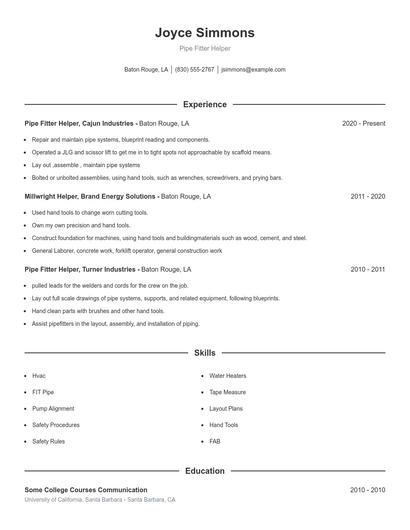 Pipe Fitter Helper Resume