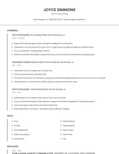 Pipe Fitter Helper Resume