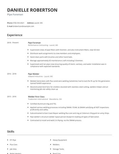 Pipe Foreman Resume