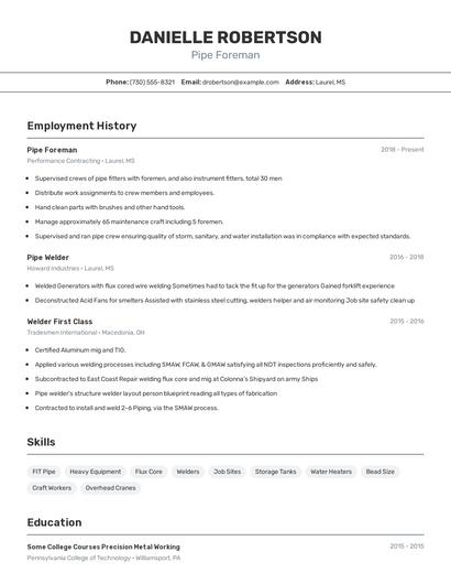 Pipe Foreman Resume