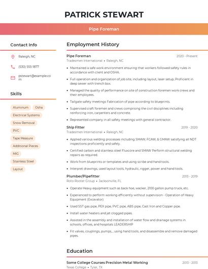 Pipe Foreman Resume