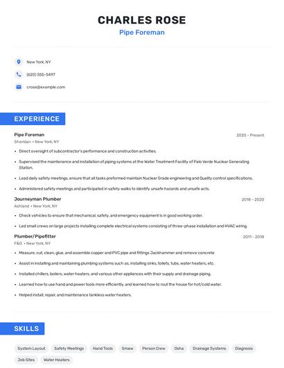 Pipe Foreman Resume