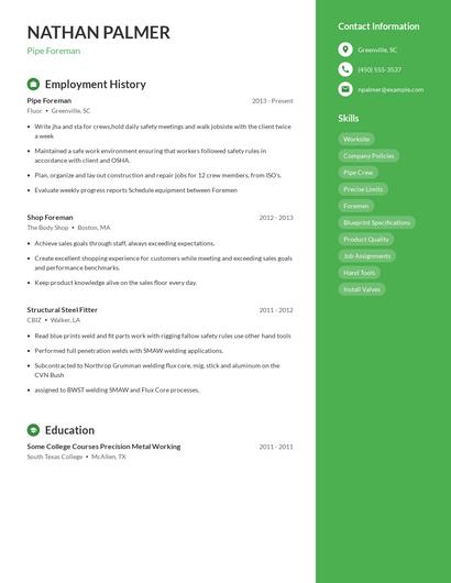Pipe Foreman Resume