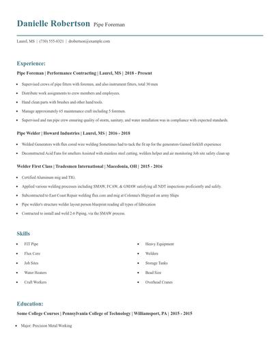 Pipe Foreman Resume