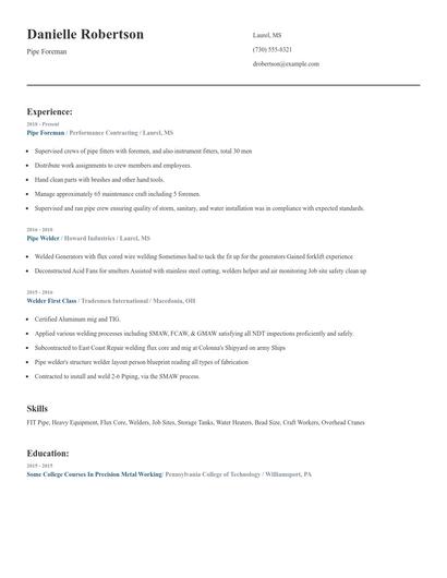 Pipe Foreman Resume