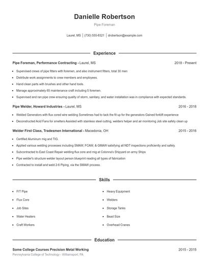 Pipe Foreman Resume