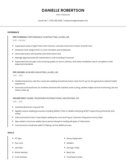Pipe Foreman Resume