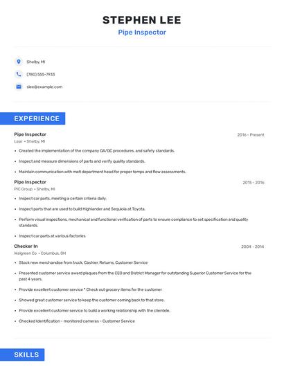 Pipe Inspector Resume