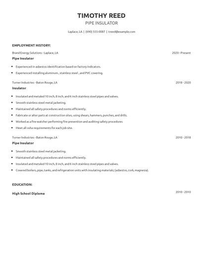Pipe Insulator Resume