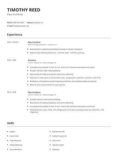 Pipe Insulator Resume