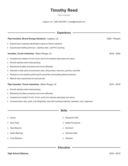 Pipe Insulator Resume