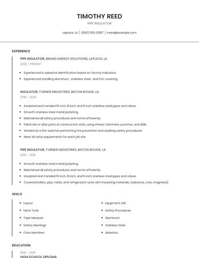 Pipe Insulator Resume