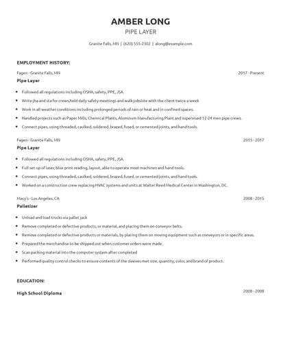Pipe Layer Resume