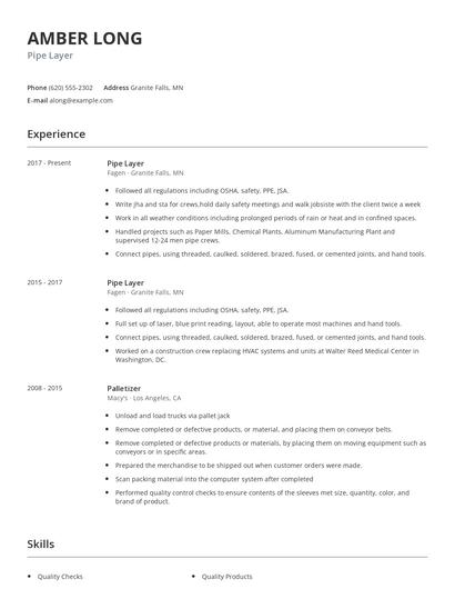 Pipe Layer Resume