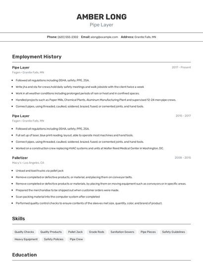 Pipe Layer Resume