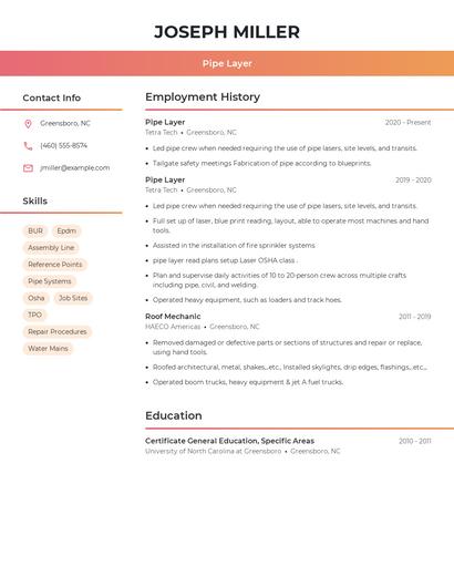 Pipe Layer Resume