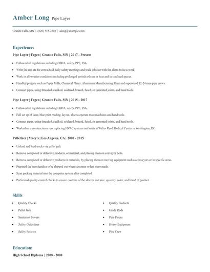 Pipe Layer Resume