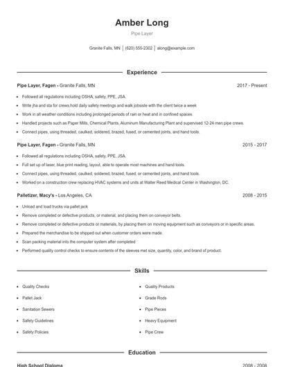 Pipe Layer Resume