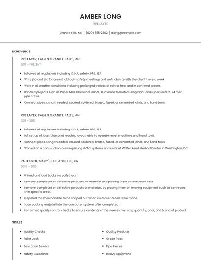 Pipe Layer Resume