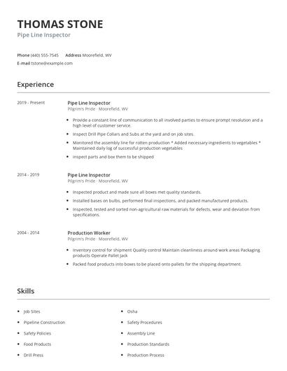 Pipe Line Inspector Resume