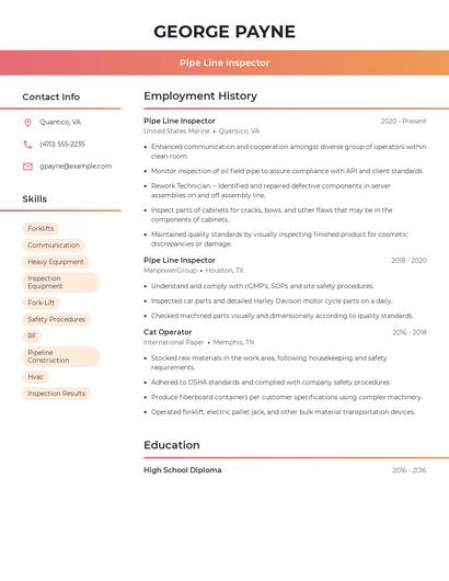 Pipe Line Inspector Resume
