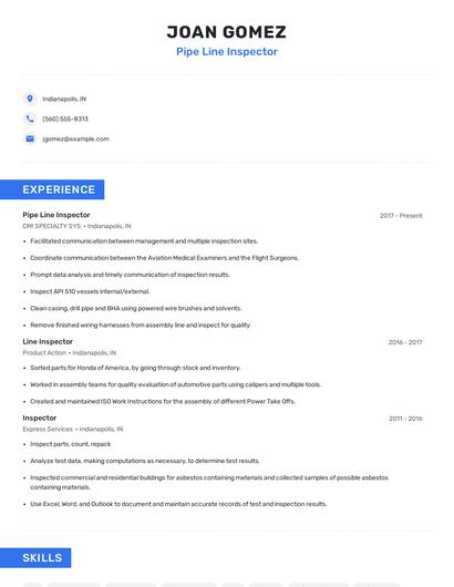 Pipe Line Inspector Resume