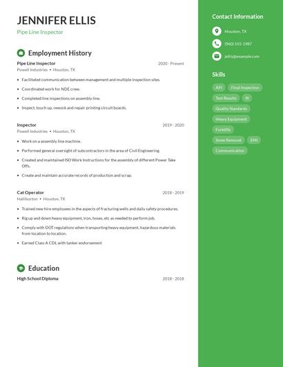 Pipe Line Inspector Resume