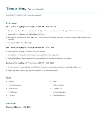 Pipe Line Inspector Resume