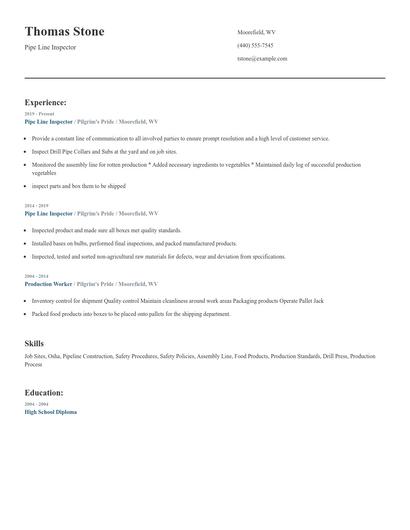 Pipe Line Inspector Resume