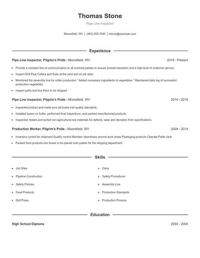 Pipe Line Inspector Resume