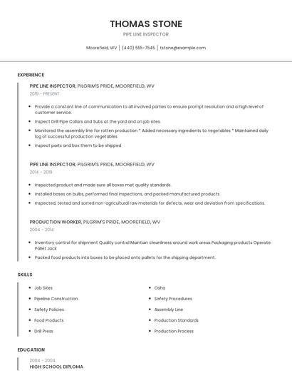 Pipe Line Inspector Resume