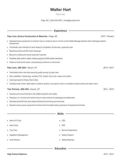 Pipe Liner Resume