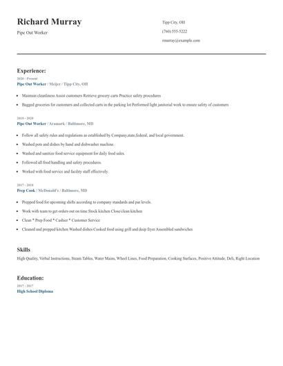Pipe Out Worker Resume