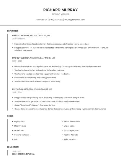 Pipe Out Worker Resume