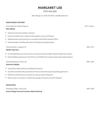 Pipe Welder Resume