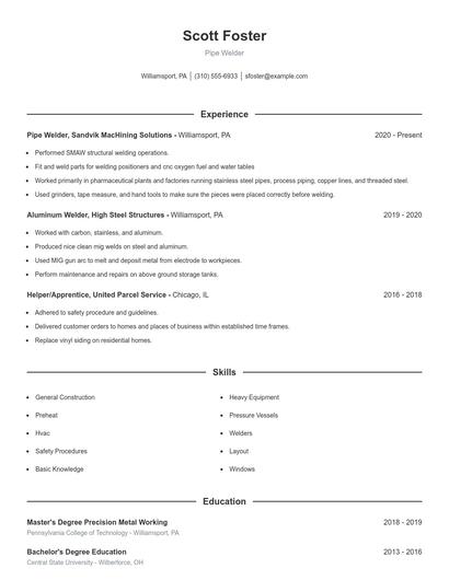 Pipe Welder Resume
