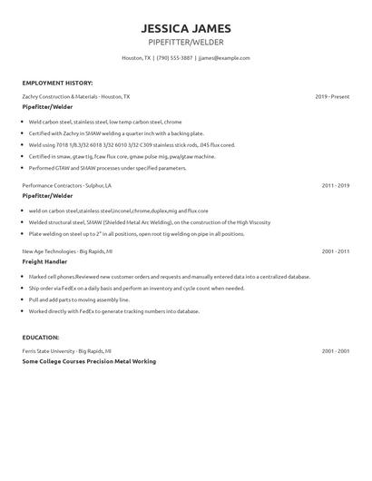 Pipefitter/Welder Resume