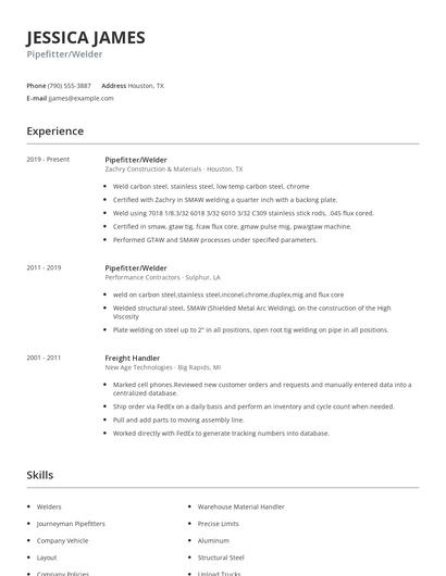 Pipefitter/Welder Resume