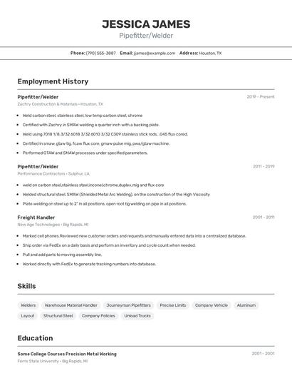 Pipefitter/Welder Resume