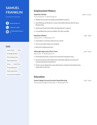 Pipefitter/Welder Resume