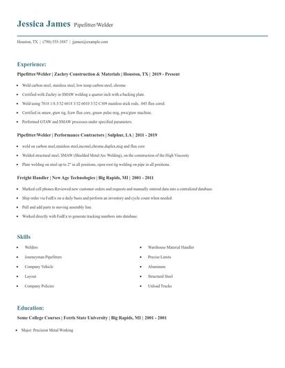 Pipefitter/Welder Resume