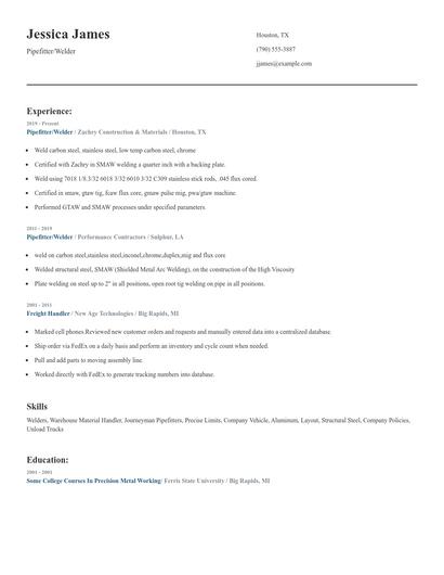 Pipefitter/Welder Resume
