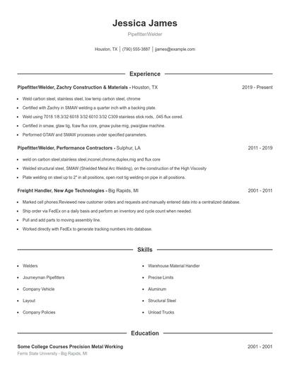 Pipefitter/Welder Resume