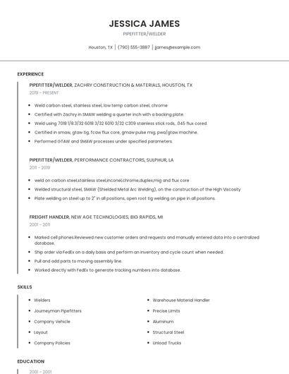 Pipefitter/Welder Resume